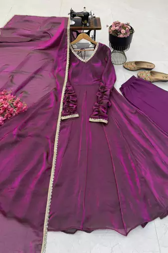 Purple silk blend lace flared gown set