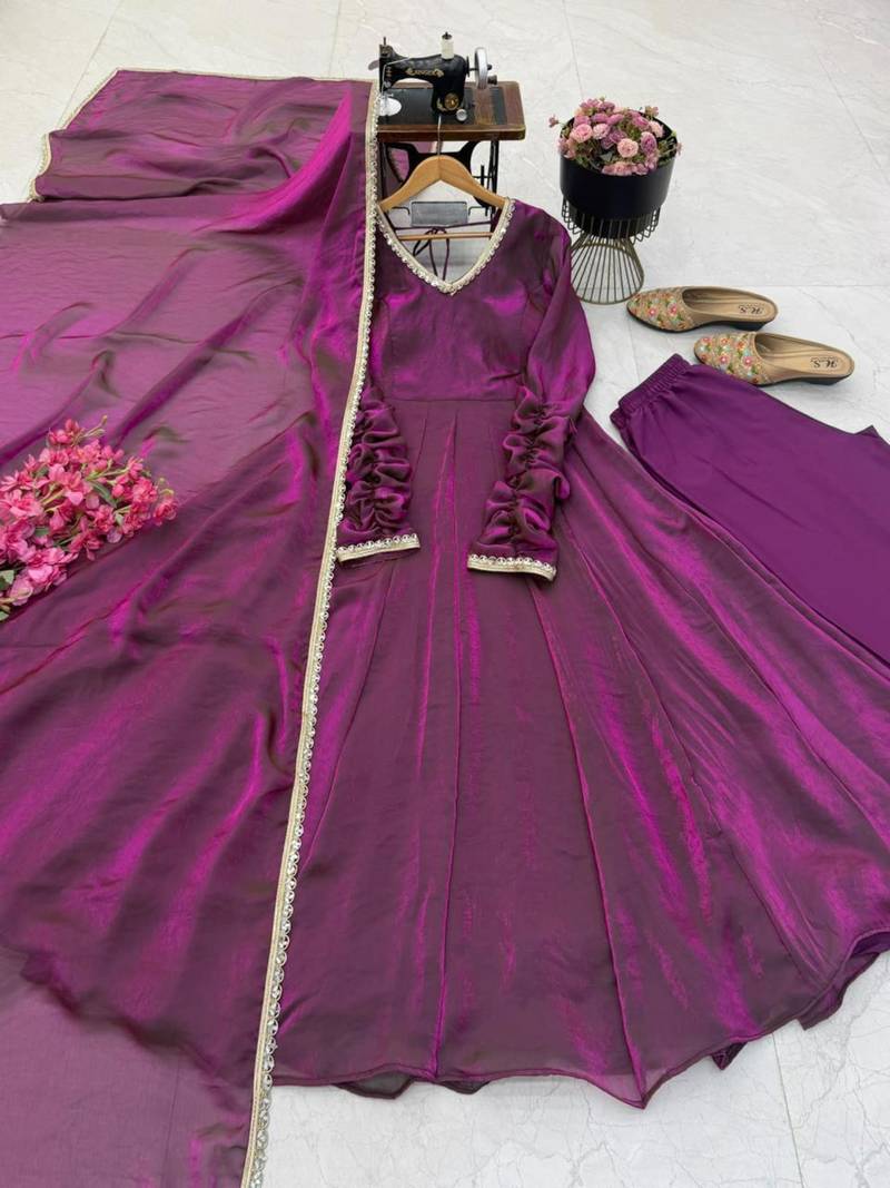Purple silk blend lace flared gown set