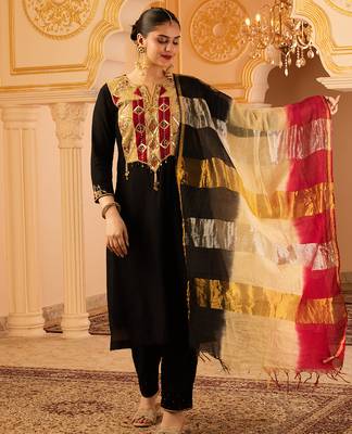 Black hand embroidered mul chanderi 3 piece suit set 2