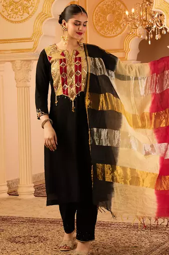 Black hand embroidered mul chanderi 3 piece suit set