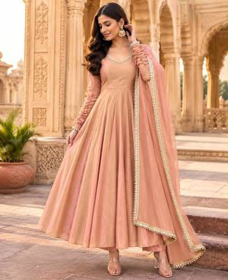 Peach silk blend lace flared gown set 1