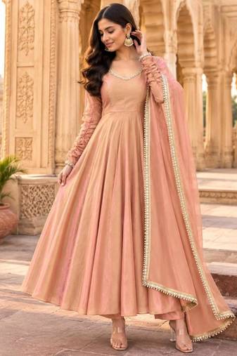 Peach silk blend lace flared gown set