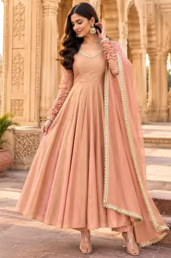 Peach silk blend lace flared gown set