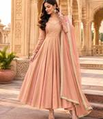 Peach silk blend lace flared gown set
