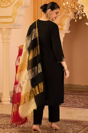 Black hand embroidered mul chanderi 3 piece suit set