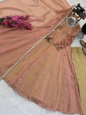 Peach silk blend lace flared gown set 2