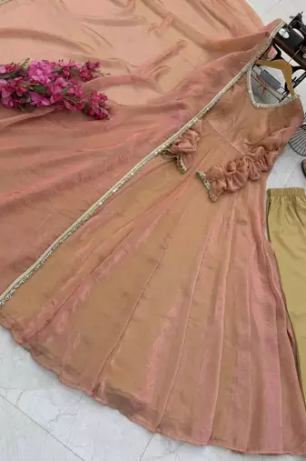 Peach silk blend lace flared gown set