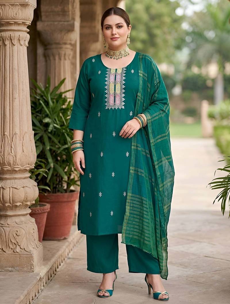 Green hand embroidered chanderi silk kurta set