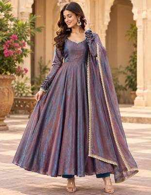 Grey-blue dual tone silk blend lace flared gown set 1