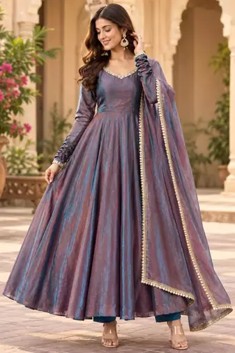 Grey-blue dual tone silk blend lace flared gown set