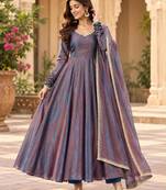 Grey-blue dual tone silk blend lace flared gown set