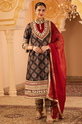 Black gota a-shape tusser silk 3 piece suit set