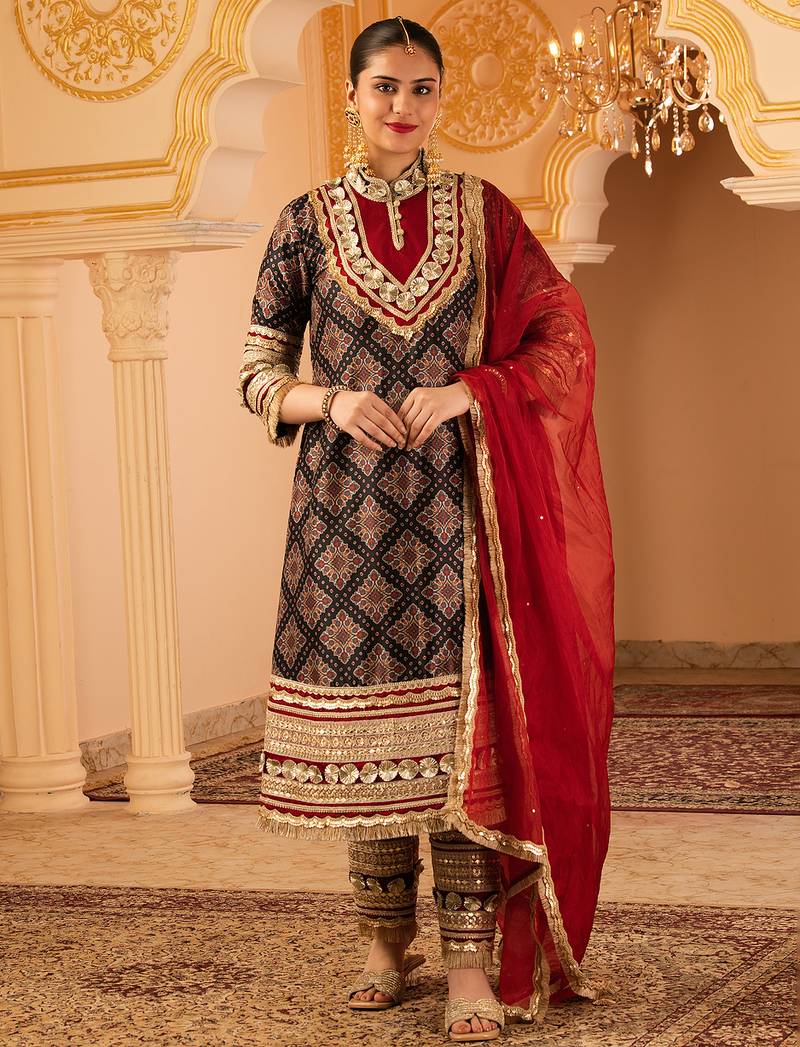 Black gota a-shape tusser silk 3 piece suit set