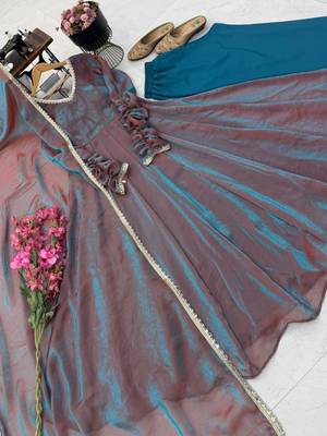 Grey-blue dual tone silk blend lace flared gown set 2