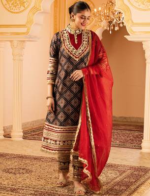 Black gota a-shape tusser silk 3 piece suit set 2