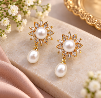 Certified natural freshwater pearls jewellery pearl drop earrings with cz floral stud, gold tone 2