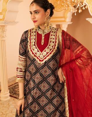 Black gota a-shape tusser silk 3 piece suit set 4