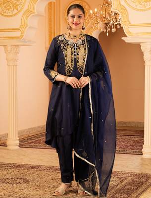 Deep blue silk a-shape 3 piece suit set 1