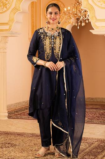 Deep blue silk a-shape 3 piece suit set