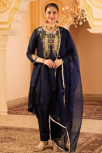 Deep blue silk a-shape 3 piece suit set