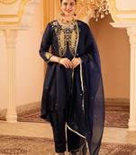 Deep blue silk a-shape 3 piece suit set