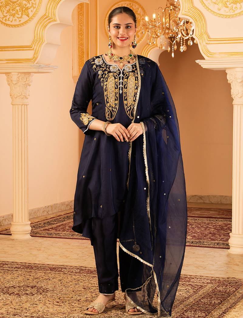 Deep blue silk a-shape 3 piece suit set