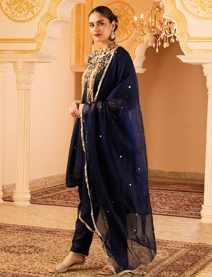 Deep blue silk a-shape 3 piece suit set 2