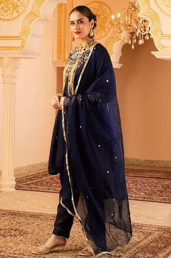 Deep blue silk a-shape 3 piece suit set