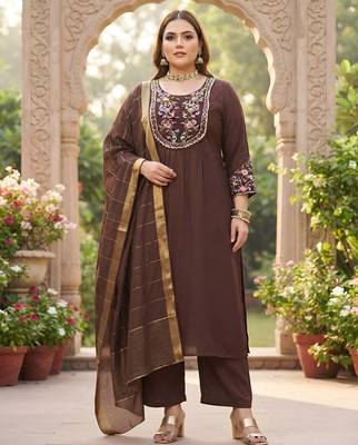 Brown hand embroidered chanderi silk kurta set 1