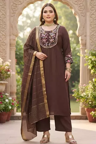 Brown hand embroidered chanderi silk kurta set