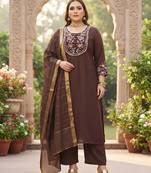 Brown hand embroidered chanderi silk kurta set