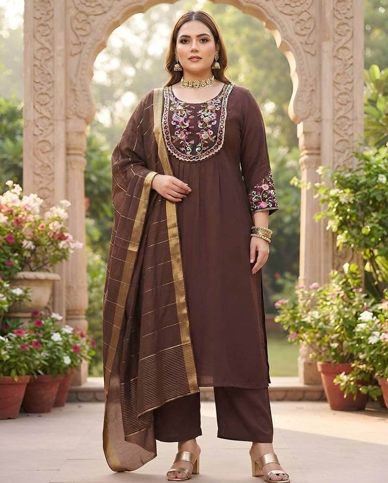 Brown hand embroidered chanderi silk kurta set