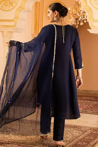 Deep blue silk a-shape 3 piece suit set