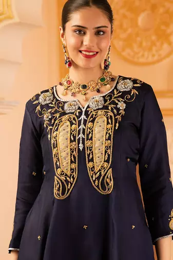 Deep blue silk a-shape 3 piece suit set