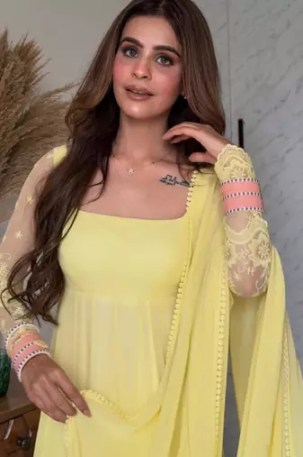 Yellow faux georgette embroidered kurta set