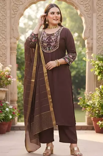 Brown hand embroidered chanderi silk kurta set