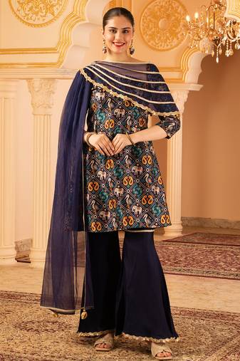 Navy blue a-shape tusser silk 3 piece suit set