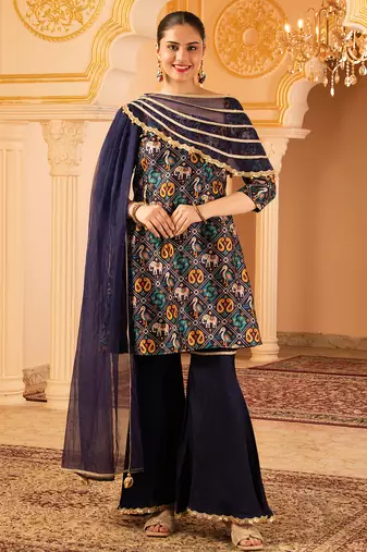Navy blue a-shape tusser silk 3 piece suit set