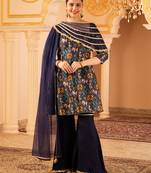 Navy blue a-shape tusser silk 3 piece suit set