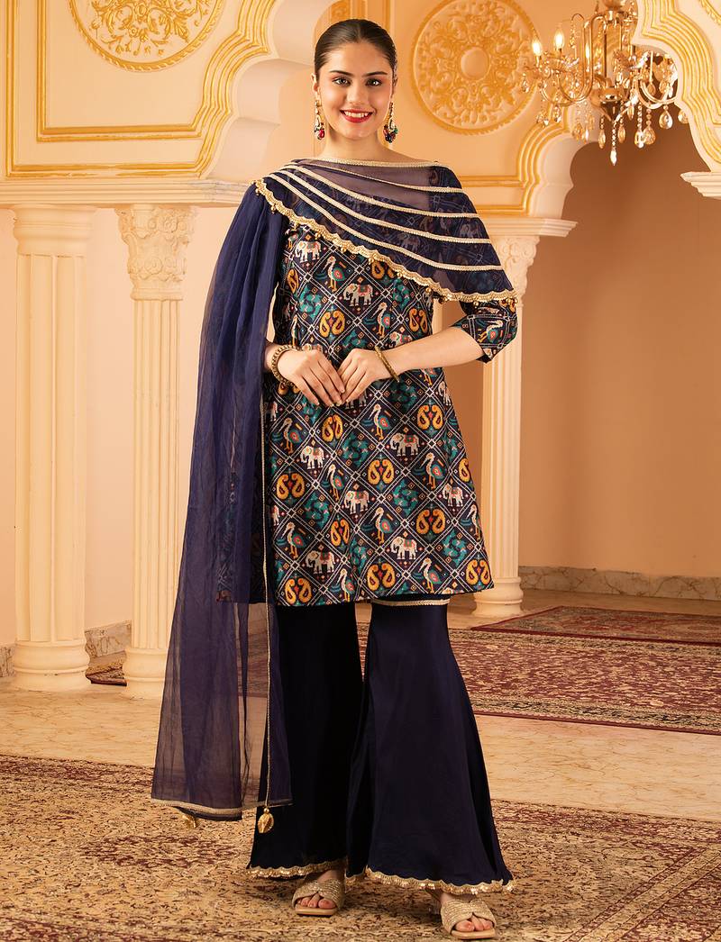 Navy blue a-shape tusser silk 3 piece suit set