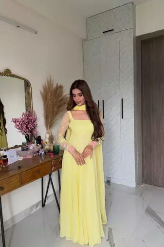 Yellow faux georgette embroidered kurta set