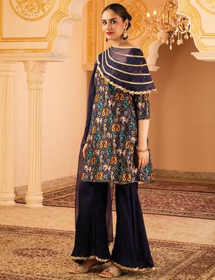Navy blue a-shape tusser silk 3 piece suit set 2
