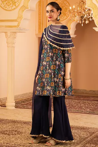 Navy blue a-shape tusser silk 3 piece suit set