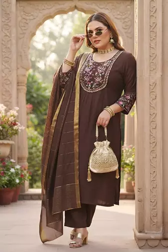 Brown hand embroidered chanderi silk kurta set