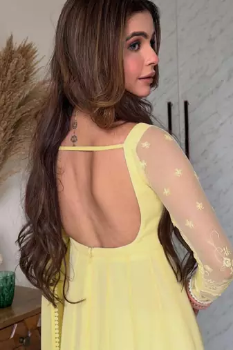 Yellow faux georgette embroidered kurta set