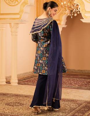 Navy blue a-shape tusser silk 3 piece suit set 3