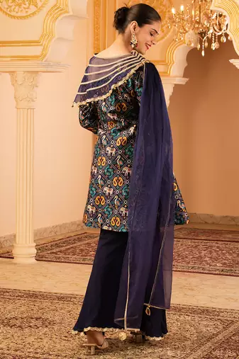 Navy blue a-shape tusser silk 3 piece suit set