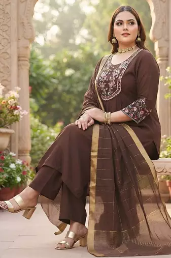 Brown hand embroidered chanderi silk kurta set