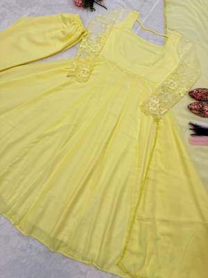 Yellow faux georgette embroidered kurta set 4