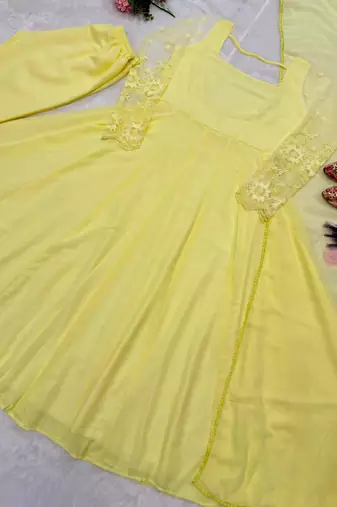 Yellow faux georgette embroidered kurta set